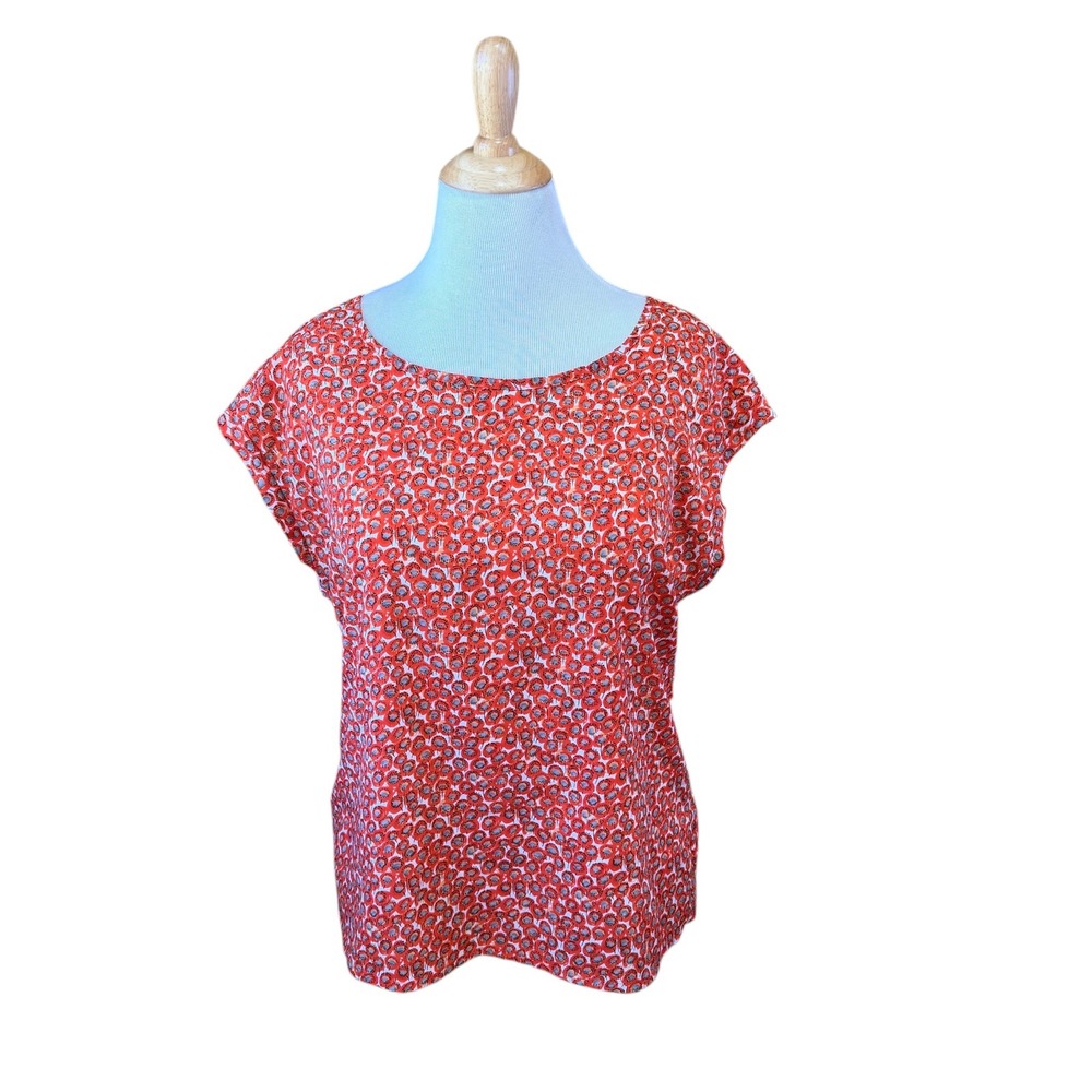 Noir Womens Floral Poppy Print Short Sleeve Zipper Back Blouse Red Orange XL
